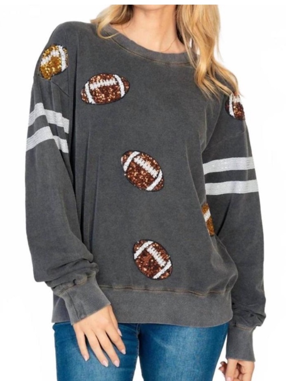 Crewneck Sequin Football pullover sweatshirt size small  black gray White Burch